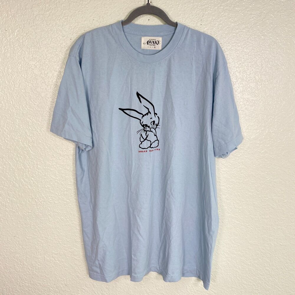 Awake New York Shirt Men Extra Large Bunny Rabbit Graphic Tee Baby Blue Crewneck